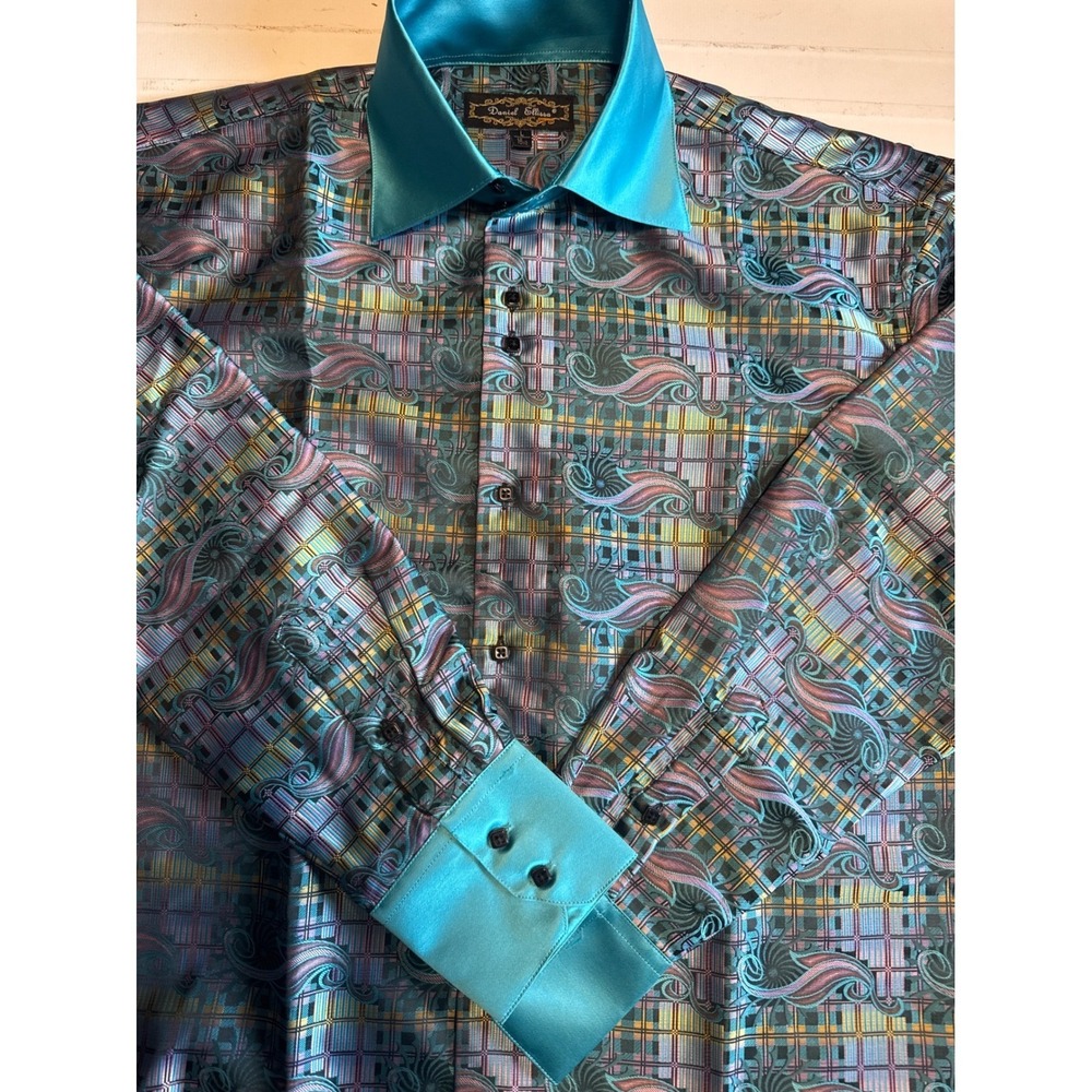 Daniel Ellissa Button Down Shirt Men Large Teal Excellent Iridescent Paisley L
